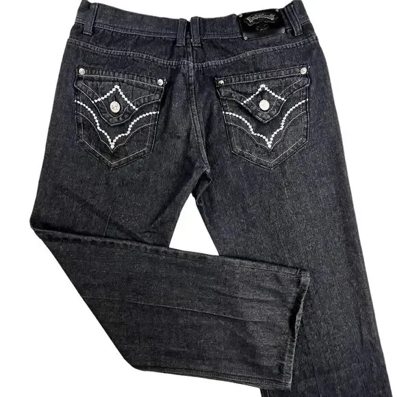 Imperious Delf Trading Jeans 38x33 Black Vintage Flap Pocket Embroidered Rock - Picture 16 of 16